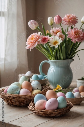 Pastel colored easter eggs in nests with spring flowers bouquet. (Generative AI)
