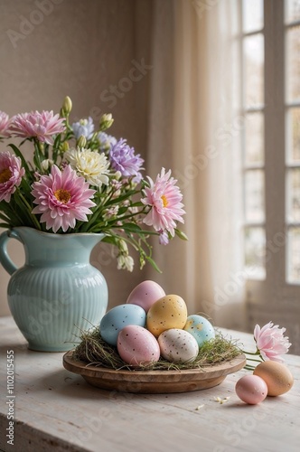 Easter eggs resting in a wooden bowl near a vase of flowers illuminating a bright room. (Generative AI)