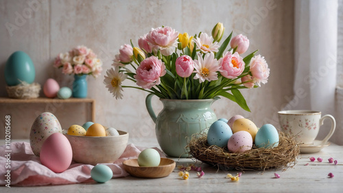 Easter eggs and beautiful spring flowers decorating a table. (Generative AI)