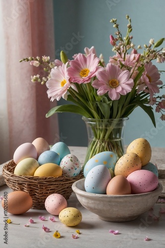 Easter eggs and pink flowers creating a festive spring atmosphere. (Generative AI)
