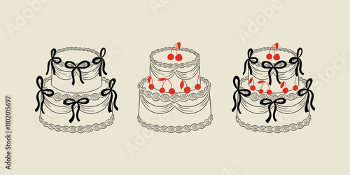 Set of various wedding cakes with cherries and bows. Vector illustration in retro sketch style. Vintage clipart for greeting cards and holiday invitations