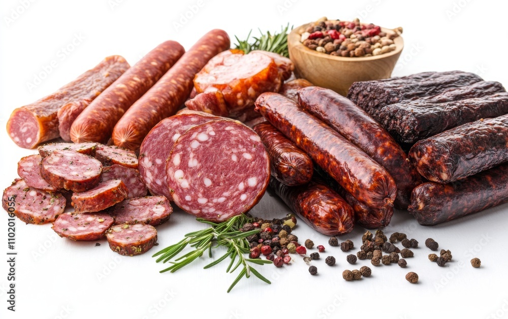 Different sausages and smoked meats isolated on white background Different sausages and smoked meats isolated on white background