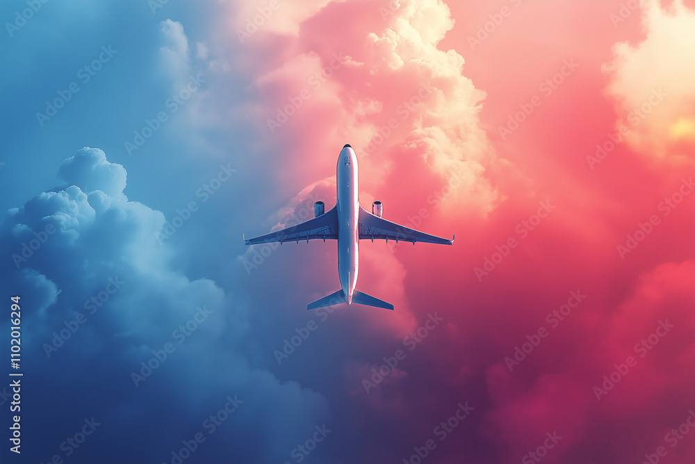Fototapeta premium Airplane on clouds and sky. generative AI