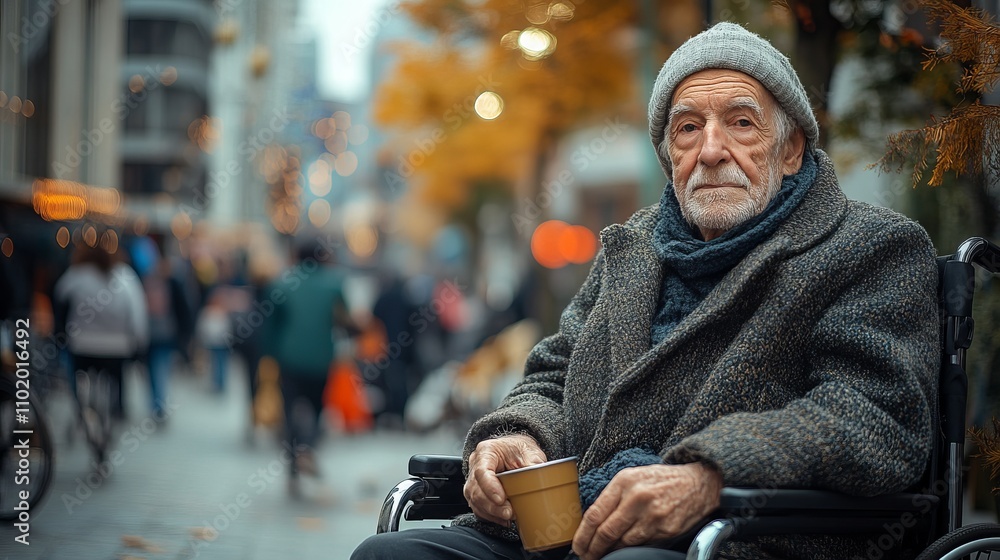 Homeless elderly man sits in a wheelchair holding a donation cup in a bustling city scene surrounded by people and vibrant fall colors. Disabled person face expresses suffering. With copy space Homeless elderly man sits in a wheelchair holding a donation cup in a bustling city scene surrounded by people and vibrant fall colors. Disabled person face expresses suffering. With copy space