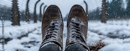 Holocaust Remembrance, Cozy Leather Boots on Snowy Pathway photo