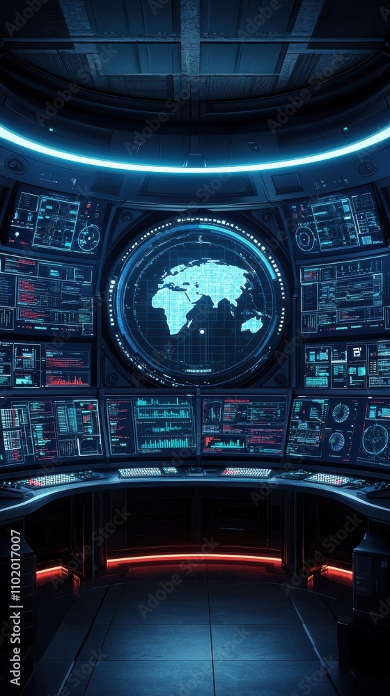 A computer monitor shows a globe with the words A computer monitor shows a globe with the words