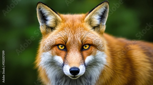 Close-up portrait of a red fox with vibrant orange fur and sharp yellow eyes, set against a blurred green background. Wildlife photography. Fox observation and nature exploration concept photo