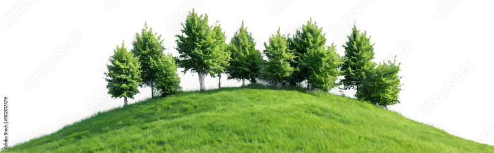 Fototapeta premium Lush Green Hill Landscape with Trees and Yellow Flowers Under a Dark Sky - Serene Nature Scene