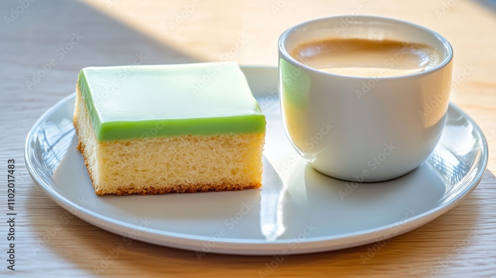 Fresh Cake Slice with Creamy Green Icing and Coffee Fresh Cake Slice with Creamy Green Icing and Coffee