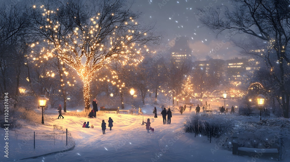 A sweeping panorama of a snow-covered urban park, with families walking along lantern-lit paths and children playing near a glowing tree.