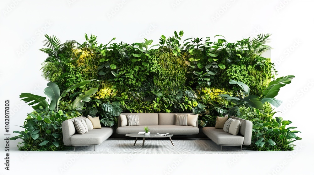 Serene Living Room Oasis: Lush Vertical Garden. Tranquil living space with a vibrant green wall, modern sofas, and a coffee table. Perfect for relaxation and creating a peaceful atmosphere. Serene Living Room Oasis: Lush Vertical Garden. Tranquil living space with a vibrant green wall, modern sofas, and a coffee table. Perfect for relaxation and creating a peaceful atmosphere.