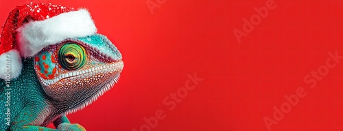 Close-up of a chameleon wearing a santa hat  on a pink and orange gradient background, suitable for a web design or presentationor as a banner for a website header, with ample copy space photo