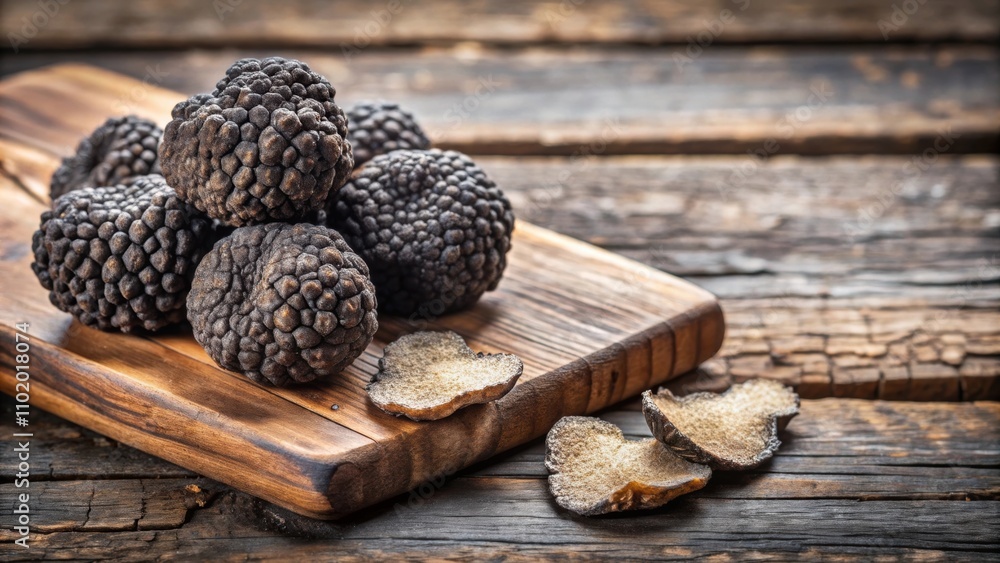 Sliced black truffles on a rustic wooden board , gourmet, delicacy, food styling, organic, luxury, Italian cuisine Sliced black truffles on a rustic wooden board , gourmet, delicacy, food styling, organic, luxury, Italian cuisine