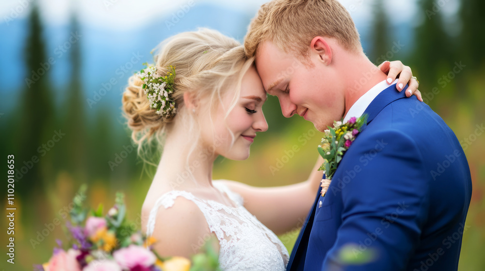 Romantic Outdoor Wedding Moment Between Bride and Groom in Lush Green Landscape