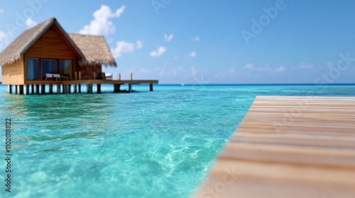 An inviting overwater bungalow perched above stunning turquoise waters, perfect for a peaceful getaway amidst endless skies and calm, inviting ocean.