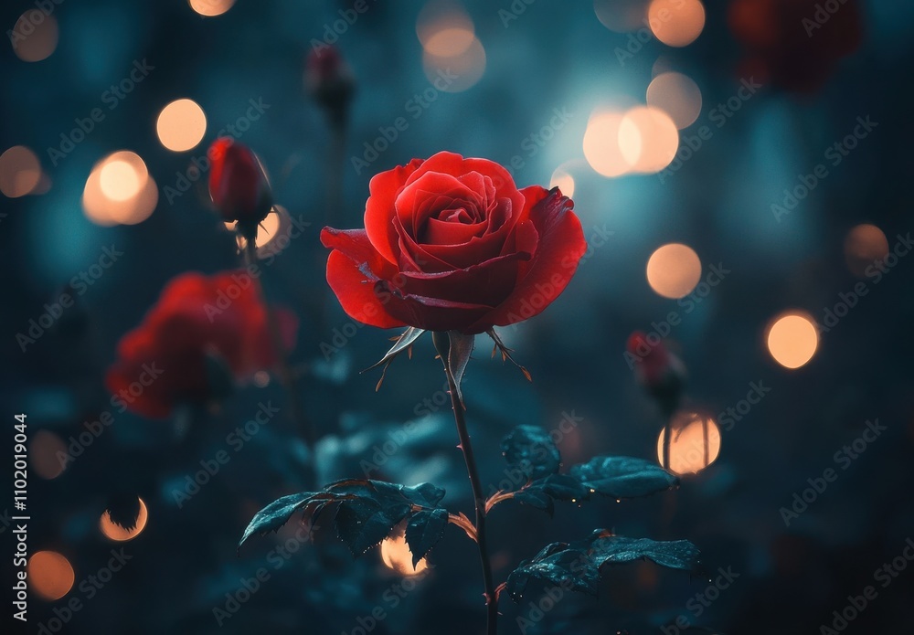 Stunning Red Rose in a Dark Garden with Soft Glowing Lights, Creating an Enchanting and Dreamlike Atmosphere Ideal for Romantic and Artistic Visuals Stunning Red Rose in a Dark Garden with Soft Glowing Lights, Creating an Enchanting and Dreamlike Atmosphere Ideal for Romantic and Artistic Visuals