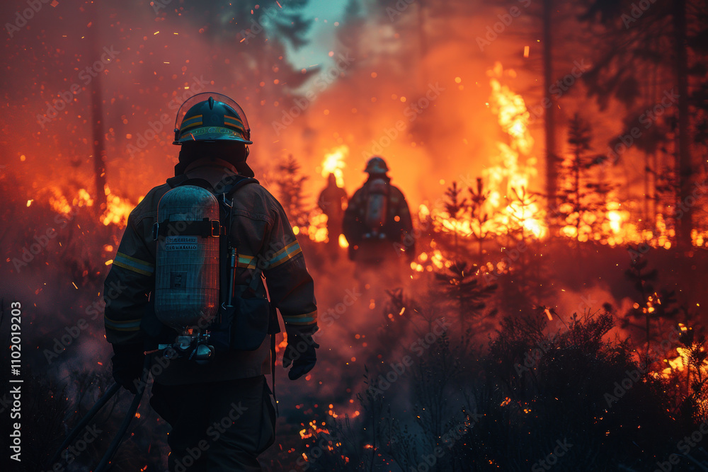 A fireman goes into the forest to fight a fire,. A fireman goes into the forest to fight a fire,.