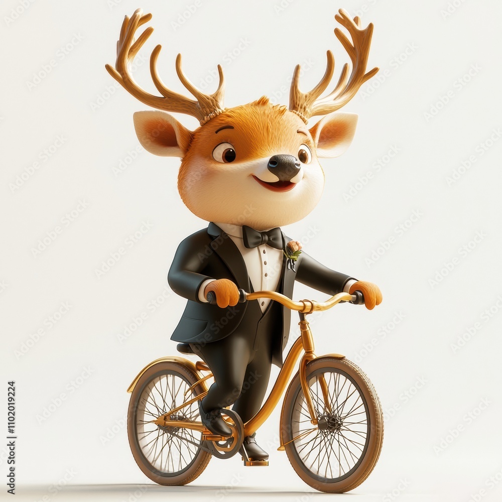 Dapper Deer Cyclist: A charming and stylish cartoon deer in a tuxedo rides a vintage bicycle, radiating joy and sophistication. Dapper Deer Cyclist: A charming and stylish cartoon deer in a tuxedo rides a vintage bicycle, radiating joy and sophistication.