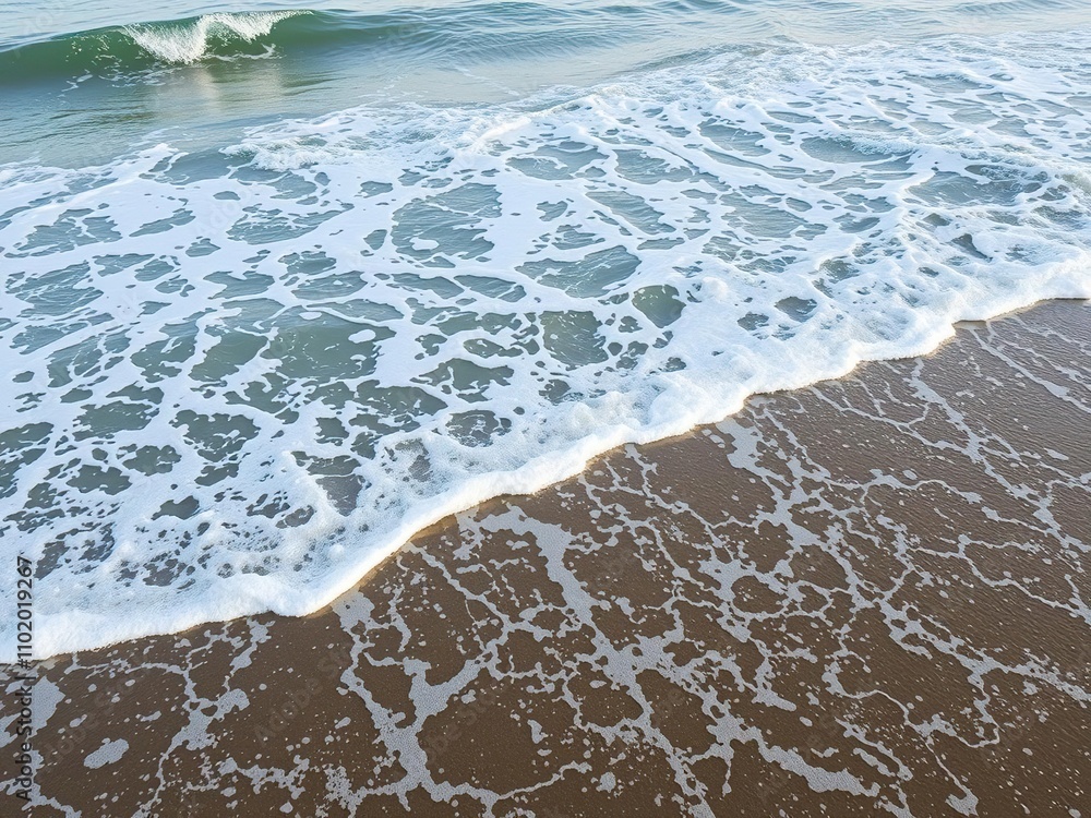Ocean waves at high tide with foamy reflections and shoreline changes, beach landscape, ocean surge Ocean waves at high tide with foamy reflections and shoreline changes, beach landscape, ocean surge