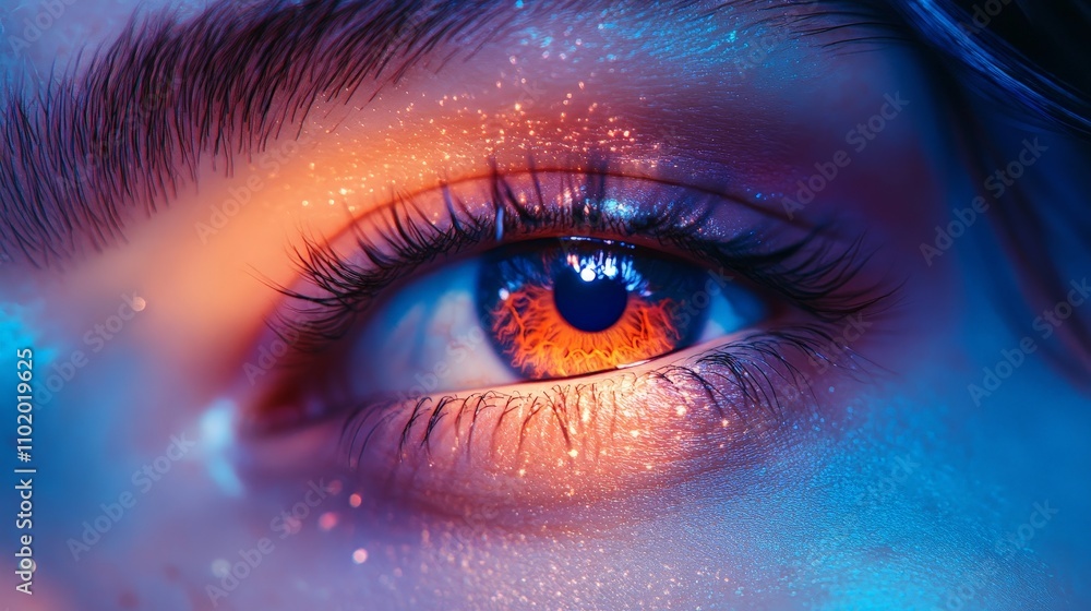 Fototapeta premium Eye with Neon Reflections, City Lights and Curiosity