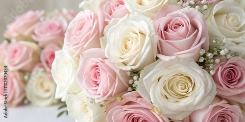 Pastel-colored rose bouquets with soft pink and white hues in a subtle floral pattern, delicate greenery, white roses, floral arrangement