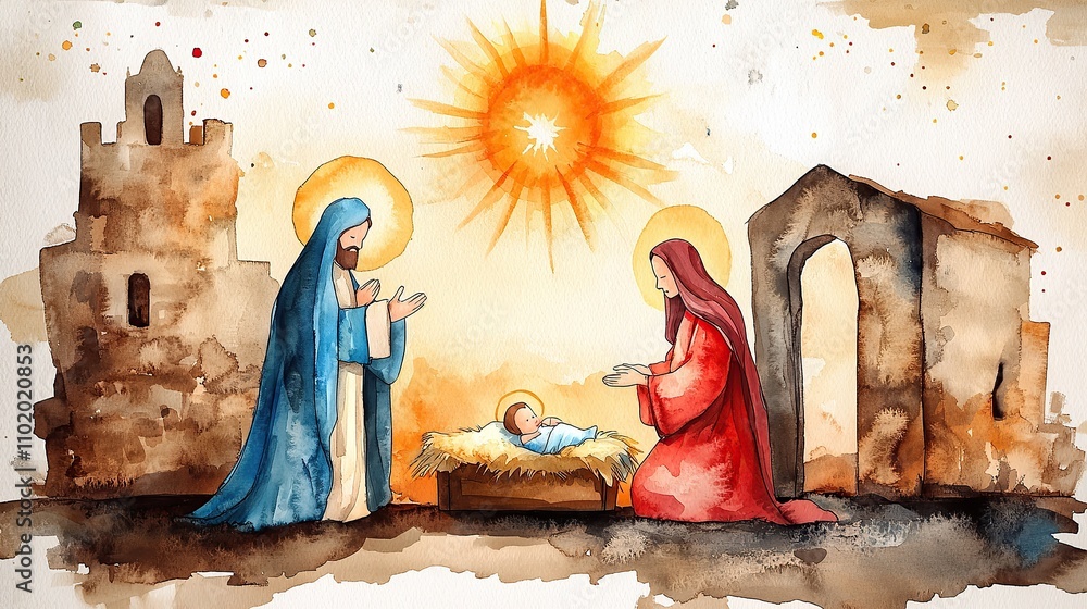 Fototapeta premium Nativity scene depicting Mary, Joseph, and baby Jesus in a stable.