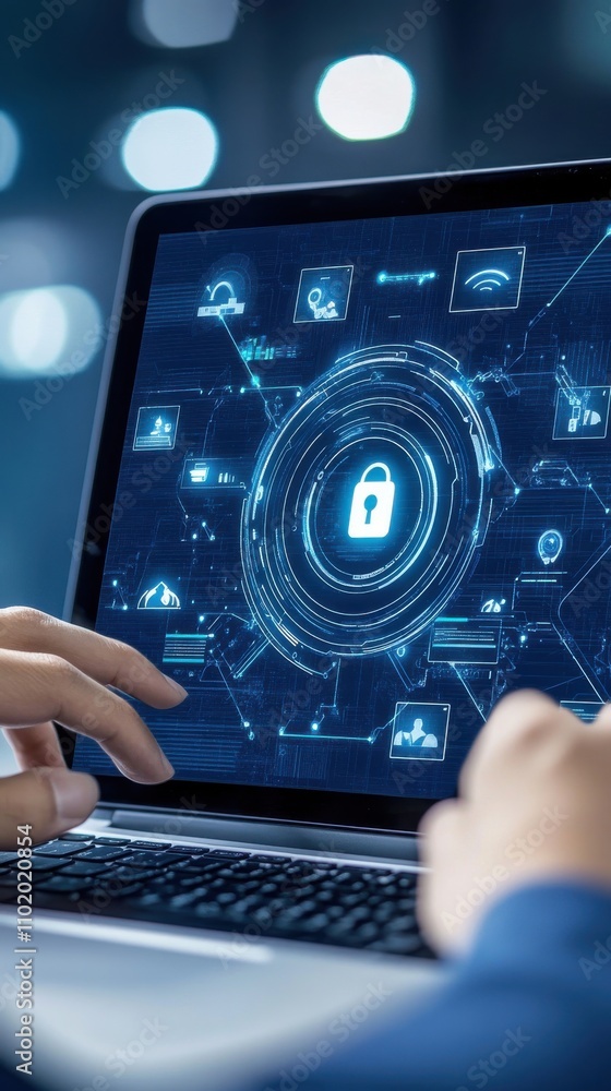 A person is typing on a laptop with a blue screen that has a lock symbol on it A person is typing on a laptop with a blue screen that has a lock symbol on it