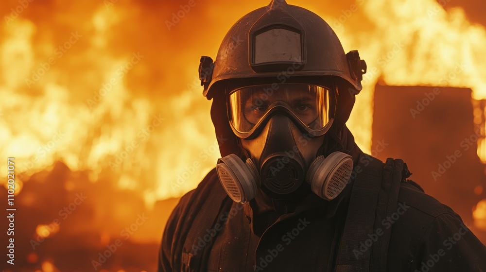 Firefighter battling blaze urban setting action shot dramatic scene Firefighter battling blaze urban setting action shot dramatic scene