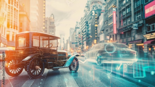 A classic vintage car drives through a busy urban street beside a holographic digital rendering of a futuristic vehicle. The scene contrasts old and new technologies, showcasing an evolving
