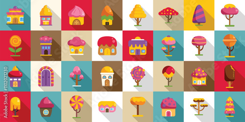 Candy land icons set. Colorful candy houses and trees create a sweet and dreamy landscape in a flat, colorful design