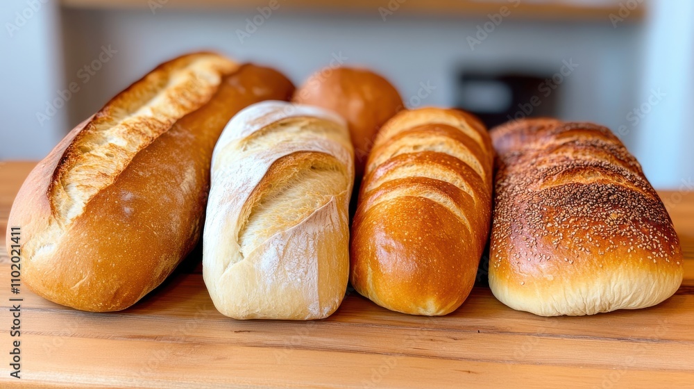 A selection of four freshly baked breads, varying in texture and crust, displayed on a wooden table in a bakery setting, highlighting artisanal bread making and variety. A selection of four freshly baked breads, varying in texture and crust, displayed on a wooden table in a bakery setting, highlighting artisanal bread making and variety.