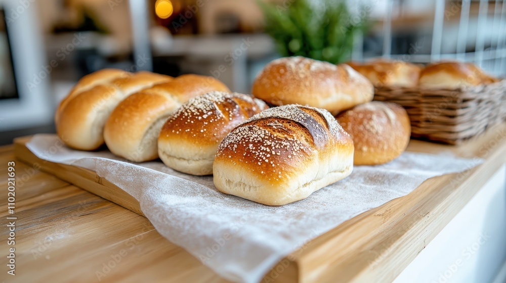 A close-up view of deliciously fresh buns sprinkled with seeds, laid out on a wooden board, ideal for bakery-inspired home decoration or culinary marketing. A close-up view of deliciously fresh buns sprinkled with seeds, laid out on a wooden board, ideal for bakery-inspired home decoration or culinary marketing.