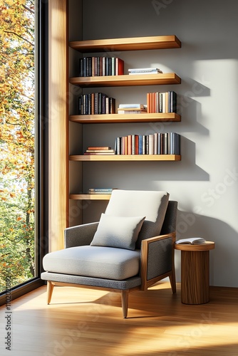 Cozy reading nook with armchair and bookshelf by large window, bathed in natural light.