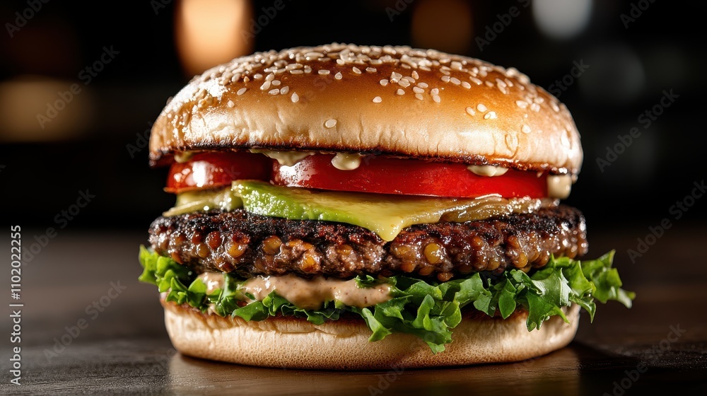A delectable gourmet burger featuring a juicy beef patty, fresh avocado, lettuce, tomato, sesame seed bun, and creamy sauce, perfect for a satisfying meal. A delectable gourmet burger featuring a juicy beef patty, fresh avocado, lettuce, tomato, sesame seed bun, and creamy sauce, perfect for a satisfying meal.