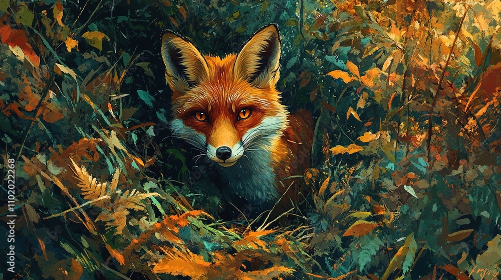 Fototapeta premium A vibrant image of a fox emerging from the undergrowth of a forest, its eyes alert and ears perked