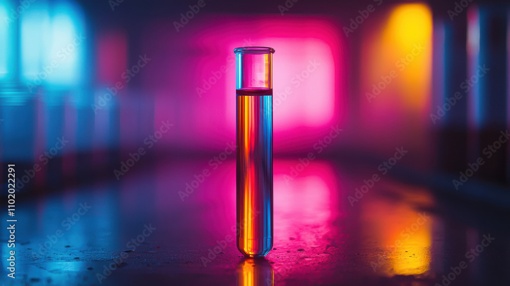 test tube with colorful liquid stands on reflective surface, illuminated by dramatic lighting in laboratory setting, creating vibrant and futuristic atmosphere test tube with colorful liquid stands on reflective surface, illuminated by dramatic lighting in laboratory setting, creating vibrant and futuristic atmosphere