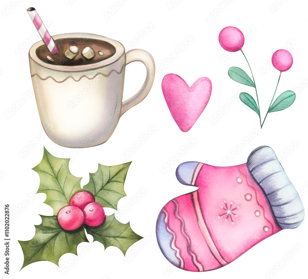 Hand drawn watercolor illustration set of mug with hot chocolate and marshmallows, knitted pink mittens,heart,red berries isolated on white. Christmas and winter holidays Hand drawn watercolor illustration set of mug with hot chocolate and marshmallows, knitted pink mittens,heart,red berries isolated on white. Christmas and winter holidays
