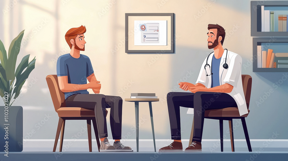 doctor and patient engage in professional medical consultation in calm, well lit office. doctor, wearing white coat and stethoscope, listens attentively to patient, who appears relaxed doctor and patient engage in professional medical consultation in calm, well lit office. doctor, wearing white coat and stethoscope, listens attentively to patient, who appears relaxed