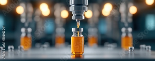 Pharmaceutical factory, Manufacturing, Machinery. A close-up of a vial being filled with liquid in a laboratory setting.