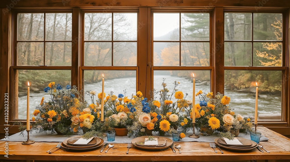 Autumn Thanksgiving Table with Wildflowers and Candlelight Autumn Thanksgiving Table with Wildflowers and Candlelight