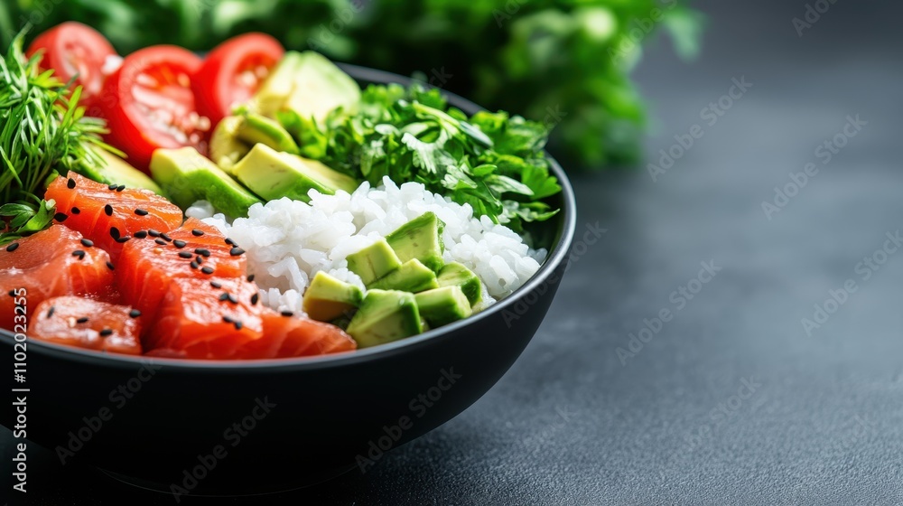 A delectable poke bowl filled with chunks of salmon, lush avocado, fresh rice, and a variety of vegetables, epitomizing health-focused cuisine and creativity. A delectable poke bowl filled with chunks of salmon, lush avocado, fresh rice, and a variety of vegetables, epitomizing health-focused cuisine and creativity.