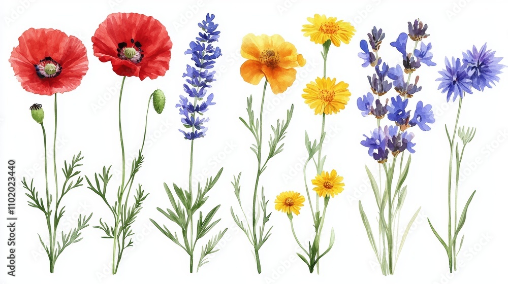 A white background showcasing watercolor art of wildflowers, leaves, and grass from a botanic garden. A white background showcasing watercolor art of wildflowers, leaves, and grass from a botanic garden.