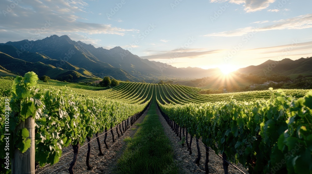 Fototapeta premium A mesmerizing sunrise casts light over a sprawling vineyard, with a mountain range in the distance, offering a breathtaking blend of agriculture and natural beauty.