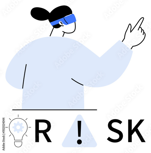 Person using VR headset pointing forward, accompanied by lightbulb with gear icon, exclamation mark triangle within the word RISK. Ideal for innovation, technology, cybersecurity, decision-making