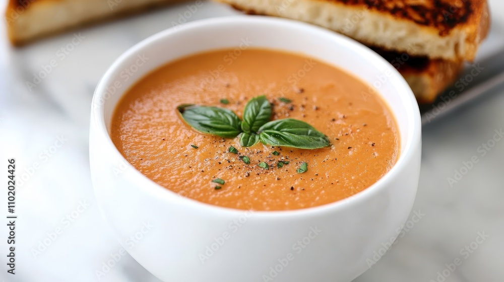 A creamy bowl of soup garnished with fresh basil leaves and cracked pepper, delivering a fragrant and delicious culinary experience in every spoonful. A creamy bowl of soup garnished with fresh basil leaves and cracked pepper, delivering a fragrant and delicious culinary experience in every spoonful.