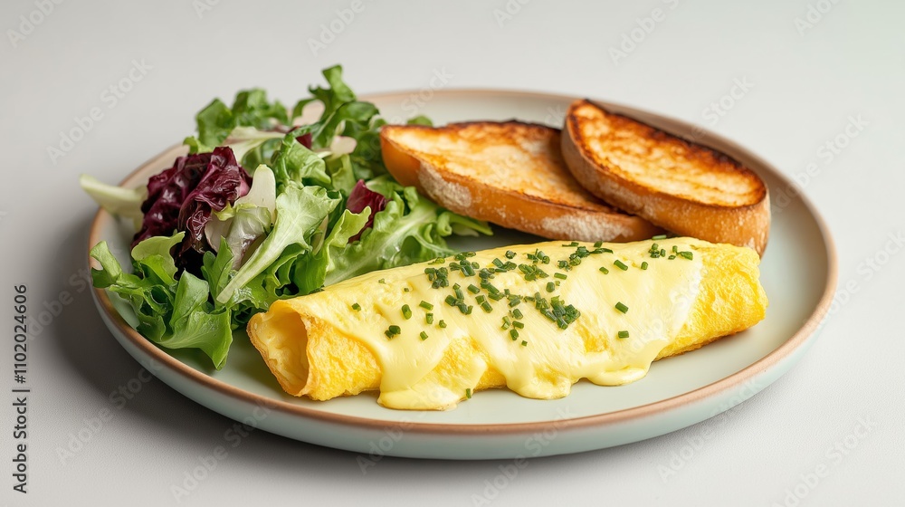 Delicious omelette served with a fresh salad and toasted bread for a hearty breakfast. Delicious omelette served with a fresh salad and toasted bread for a hearty breakfast.