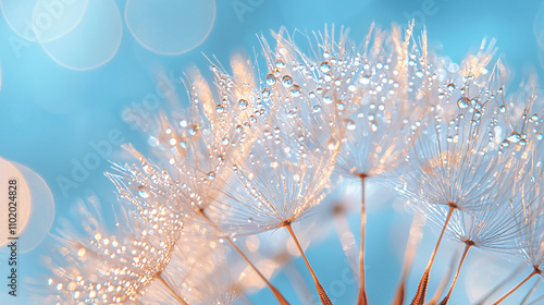 Abstract close-up of a dandelion's fluffy seed head, showing translucent raindrops and a soft blue background with bokeh lights.