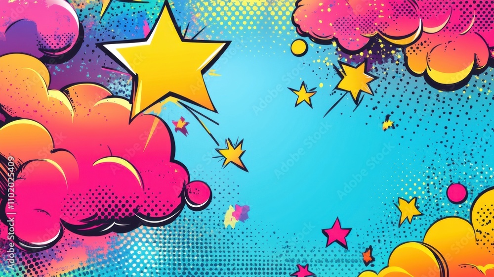 Naklejka premium Pop art colorful comics book style background with clouds and stars. Vector illustration.