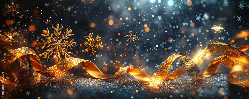Sophisticated design with golden ribbons, glittery snowflakes, and a bold 2023 message illuminated by soft winter light, generative AI. Sophisticated design with golden ribbons, glittery snowflakes, and a bold 2023 message illuminated by soft winter light, generative AI.
