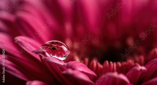 Vibrant pink gerbera daisy with water drop reflection photo